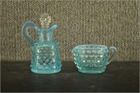 Fenton Blue Opalescent Glass Cruet & Creamer