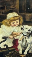Antique British Oil on Canvas Girl with Dog