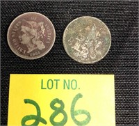 (2) Nickel 3 Cent Pcs. 1865, 1866 Coins