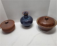 2 Bean Pots & Glazed Pottery Vase
