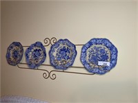 4 Blue Spode plates and wall hanger