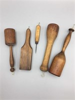 Five wooden kitchen implements