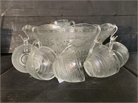 Vintage Pressed Glass Punch Bowl and Cups