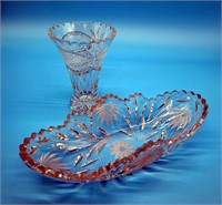 Crystal Oval Dish & Cut Crystal Vase 6" T