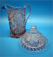 Crystal Cheese Dish & Pitcher w Star Designs