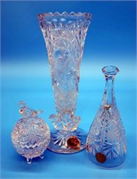 Hofbauer Crystal Vase w Birds, Small Bell & Lidded