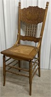 Antique Oak Carved Cane Bottom Dining Chair