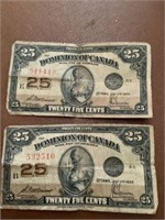 2 $.25 Dominion of Canada bills 1923