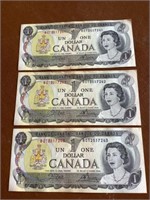 3 one dollar Canadian bills consecutive numbers