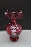 Fenton Cranberry Hand Painted Ruffled Vase