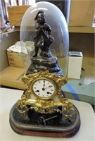 Antique Mantel Clock, 18" T, Key & Plastic Dome