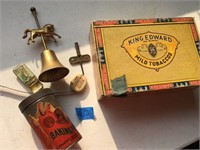 cigar box, baking powder tin, brassk horse bell,