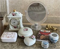 F - PORCELAIN CLOCK, TRINKET BOXES, STAND MIRROR