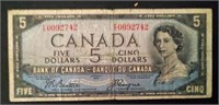 1954 Series Five Dollar Canadian Note Circulated