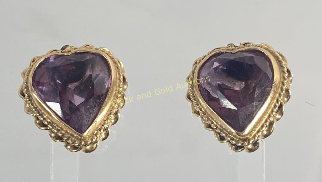 14K Gold & Purple Gem Heart Earrings