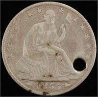 1855-O SEATED LIBERTY HALF DOLLAR VF, HOLED