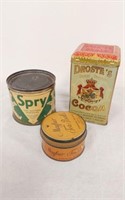 3 VINTAGE TINS- SPRY, DROSTES COCOA AND MAYFAIR