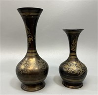 2 BRASS VASE INDIA Black Lacquered Metal Etched