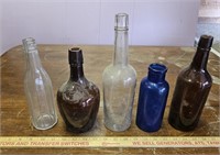 (5) Old Bottles- Amber, Cobalt, and Clear- All