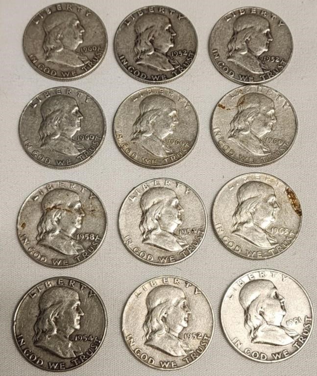 12 Franklin 1/2 dollars 90% silver