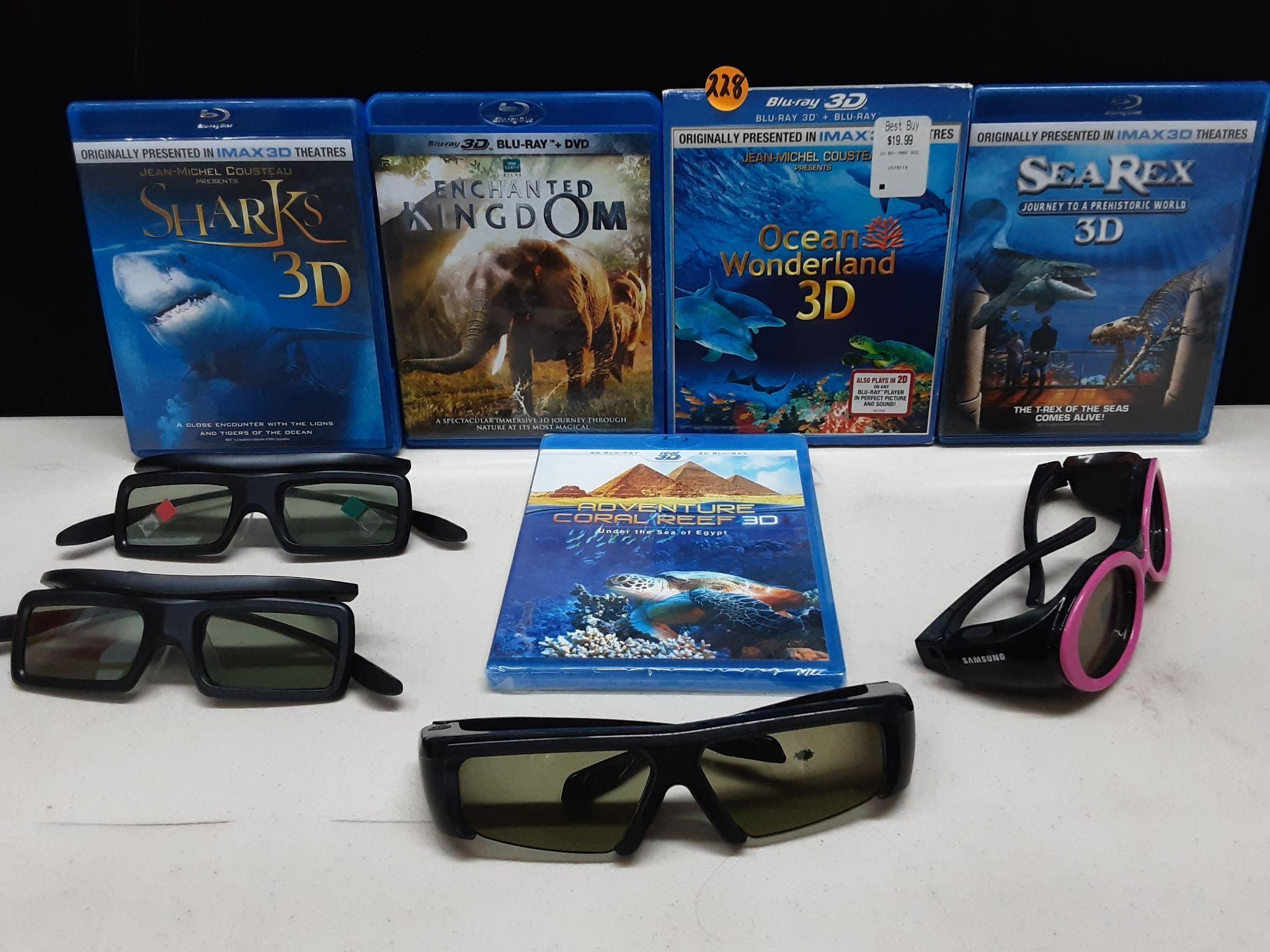 4 3D GLASSES & 5- 3D BLURAY VIDEOS
