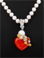 18K Pearl Coral Diamond Enhancer Pendant Necklace