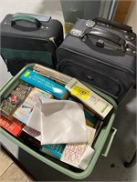 TOTE FULL OF BOOKS OF ALL KINDS, 2 SUITCASES
