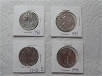 (4) Walking Liberty 90% Silver Half Dollars