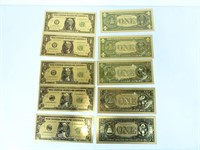 Ten Gold Plated Replica $1 Notes