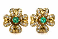 PAIR OF 18K GOLD, DIAMOND AND EMERALD EARRINGS, 9g