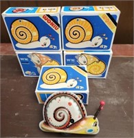 Lot of 5 Vintage Metal Wind Up Snails in Boxes