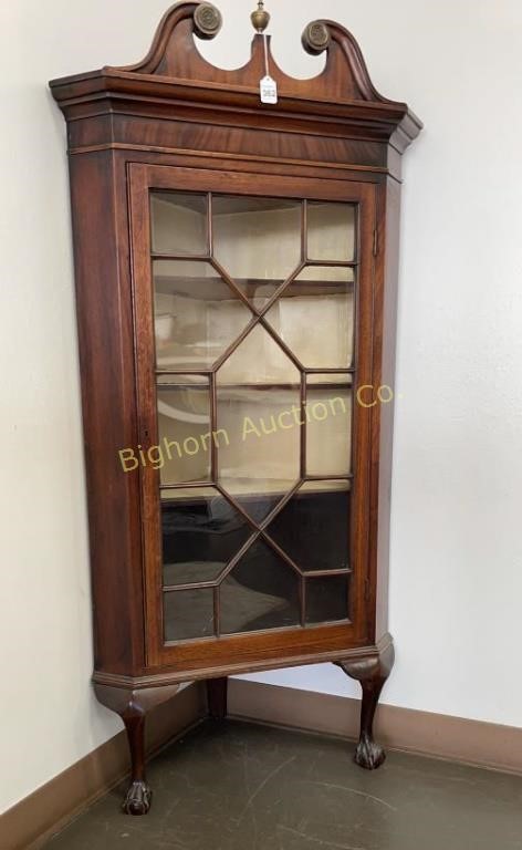 Antique Corner Cabinet w/ Claw Front Feet & Glass