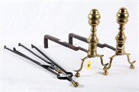 Pair Antique Brass Andirons 2 Pair Matching Tongs