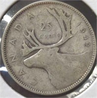 Silver 1942 Canadian quarter