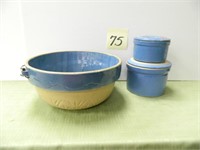 10" Blue Crock Bowl w/ Wire Handle & (2) Blue -