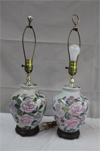 Matching table lamps, wood base, ceramic body,