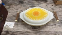 Pyrex Sunflower divided casserole with stand