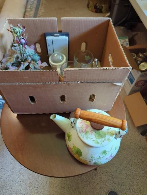 Box deal of misc items. Tea pot cups, candles