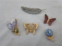 Blue Bird Feather Pin & Assorted Brooches