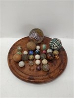 antique marbles with Burl wood display