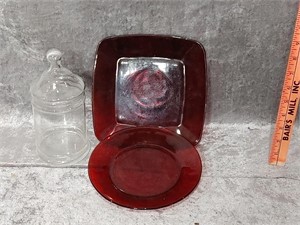 Red Plates & Glass Candy Jar