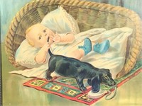 1912 Lithograph Baby w/ Dachsund in Frame