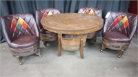 WHISKEY BARREL TABLE WITH BUMPER POOL & 4 CHAIRS