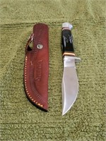 MARBLES 9" FIXED BLADE KNIFE, HORN HANDLE, LEATHER