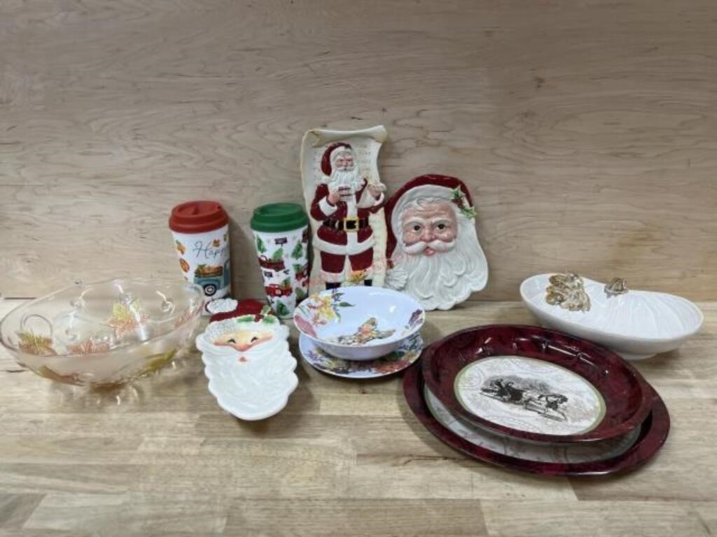 Box lot of Santa serving dishes and misc.