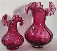 2 Vintage Cranberry Red Fluted Vases