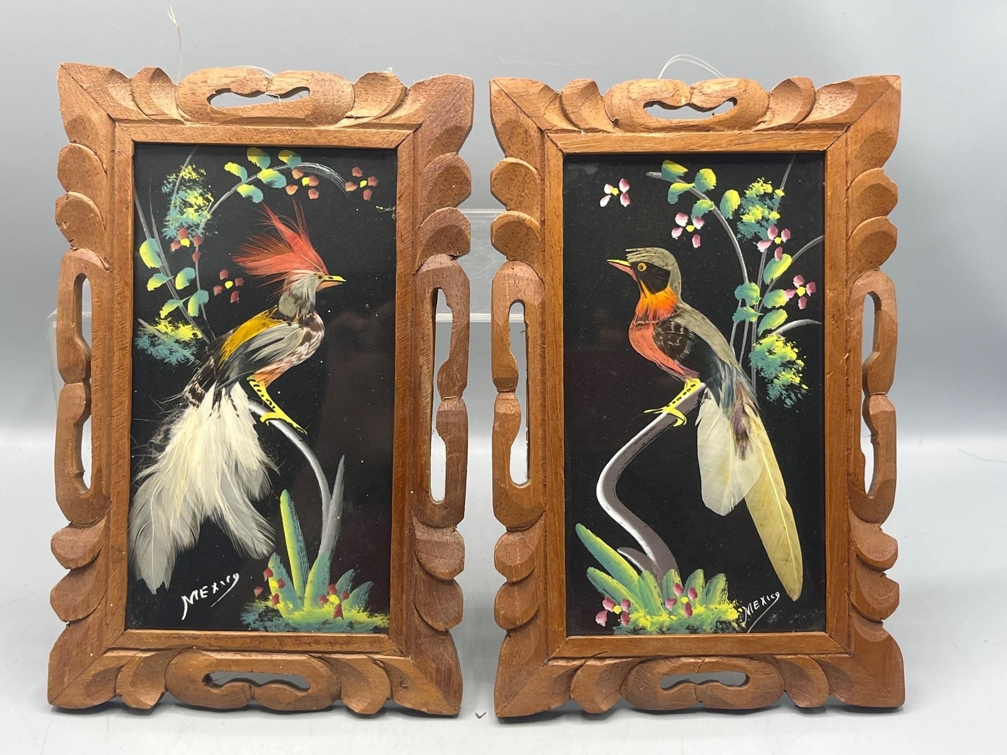 Pair of Vintage bird feather art