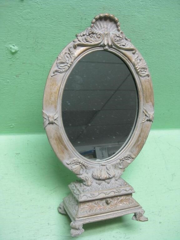 15" Vintage Metal Framed Mirror With Drawer