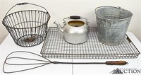 Egg Basket, Rug Beater, Bucket, Tea Pot Kettle