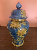 Large ginger jar made in Japan, blue with yellow